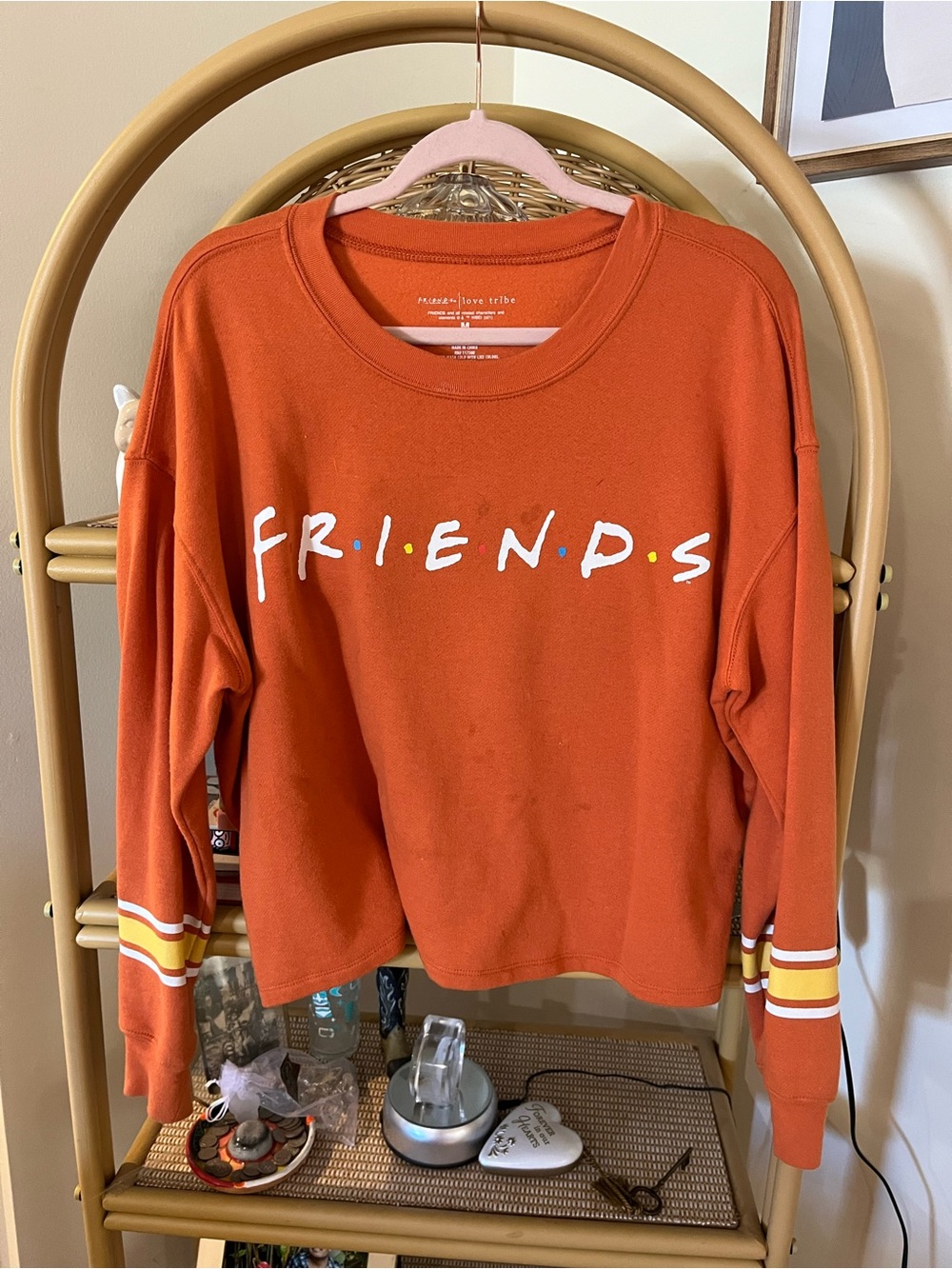 Love Tribe Orange FRIENDS Logo Pullover Sweatshirt with Stripe Cuffs
